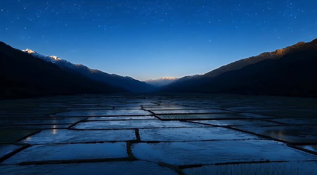 Flooded rice paddies under a starry night sky, with distant mountains catching dawn's first light
