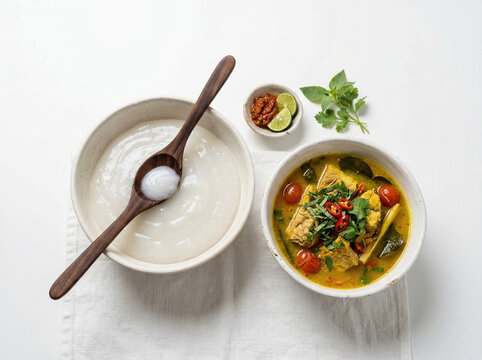 Papeda Indonesian Sago Porridge with Kuah Kuning Yellow Fish Curry Served in White Ceramic Bowl with Sambal Lime and Herbs on White Background