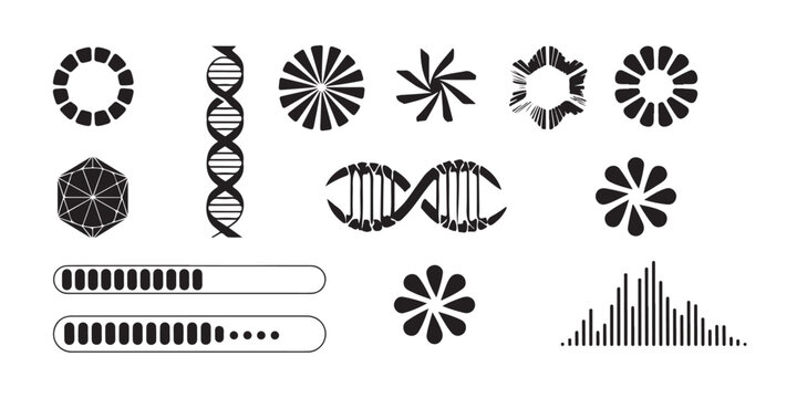 Collection of abstract loading icons and progress bars with dna symbols