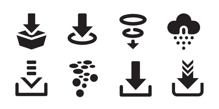 Eight distinct download icons on white background for versatile application in digital media