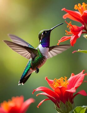 A vibrant hummingbird hovers beside colorful flowers