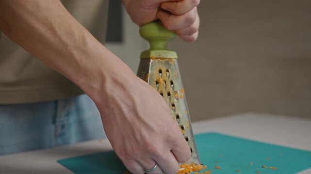 Medium close-up of a man grating carrot with one hand on a kitchen grater. Simple food preparation, vegetable processing and everyday home cooking routine without showing face. High quality 4k footage