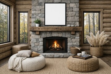 Naklejka premium Cozy livingroom fireplace mockup wall in rustic interior. 