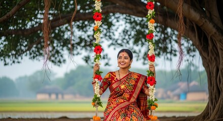 Naklejka premium Raja Parba, a young woman in a vibrant Sambalpuri saree sitting on a flower-decked swing under a large Banyan tree