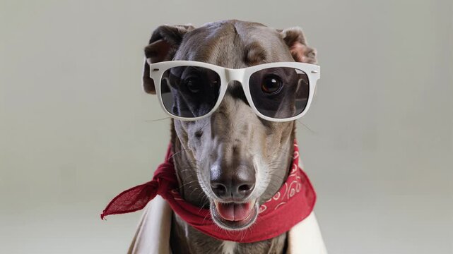 A greyhound dog wearing sunglasses and a red bandana sits indoors.