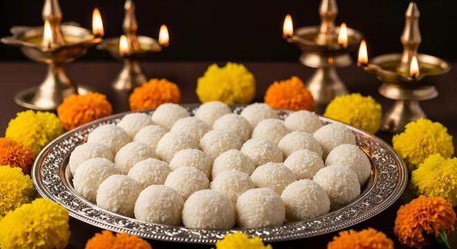 Close-up of a copper plate with sesame-sugar sweets "tilgul", laddoo made of sesame seeds, calendula flowers, marigolds in the center of the picture. Diwali, Makar ...