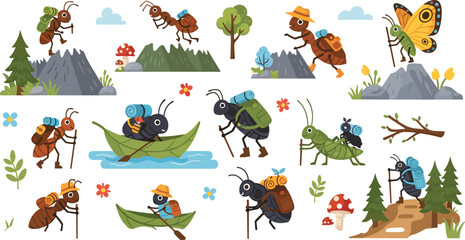 Naklejka premium Insect Adventure Scenes Collection with Ant Grasshopper Butterfly and Beetle in Nature Landscape Cartoon Set for Kids Illustration, Outdoor Exploration, and Educational Design