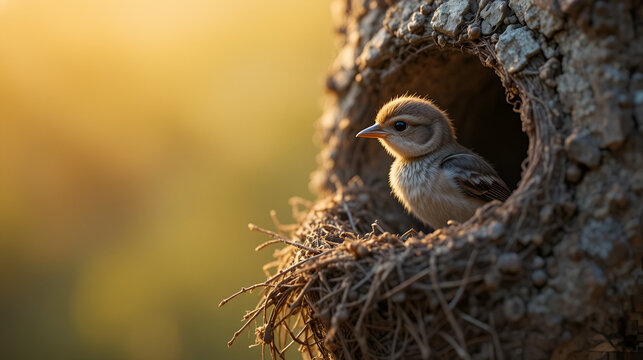 phonology. A young bird's first flight from the nest during the golden morning light. wildlife magazines, conservation campaigns, designed for nature documentaries and education.