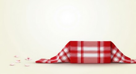 Obraz premium Red and white checkered tablecloth draped over a surface with scattered petals