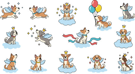 Fototapeta premium Cartoon dogs with angel wings, halos and crowns flying on clouds in whimsical fantasy scenes for decorative vector design projects