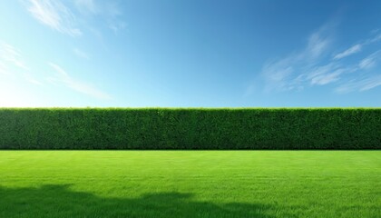 Obraz premium Perfectly manicured green lawn stretches to a tall, dense hedge under a bright blue sky. Clean, empty space offers copy potential for summer or garden themes.