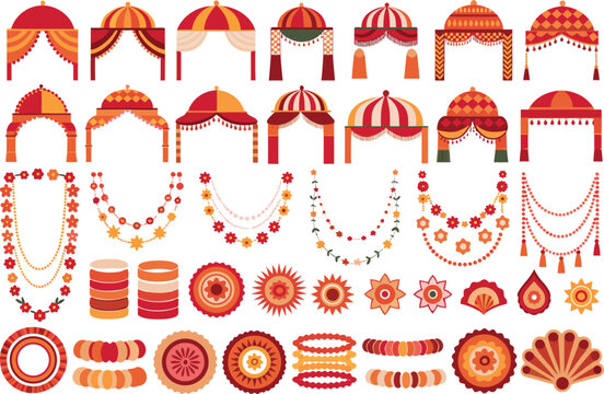 Set of indian wedding mandap structures with traditional floral garlands and decorative bangles