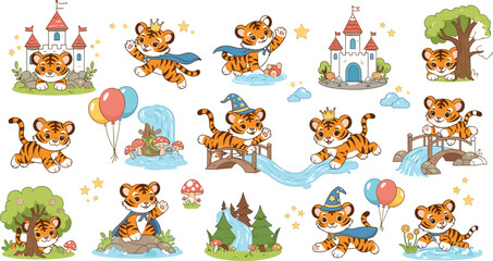 Obraz premium Whimsical cartoon tiger cubs in fantasy castles, magical forests and playful nature scenes for children’s decorative vector design projects