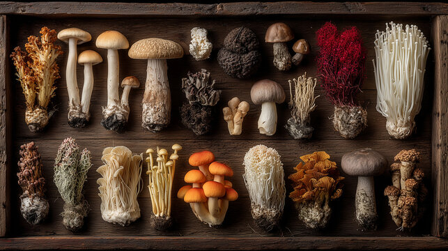 Various types of mushrooms on an old rustic wooden table - edible and non-edible mushrooms such as enoki, shiitake, reishi, boletes and others