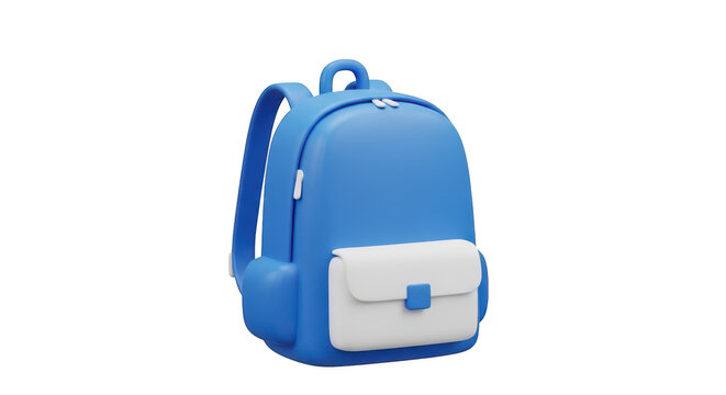 A vibrant blue and white 3d rendered school backpack with a front pocket and adjustable straps