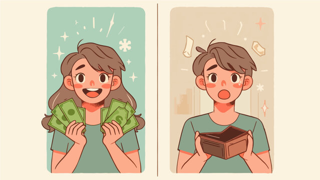 Comparison between a happy woman holding a lot of cash and a shocked woman looking at her empty wallet, representing financial loss or overspending