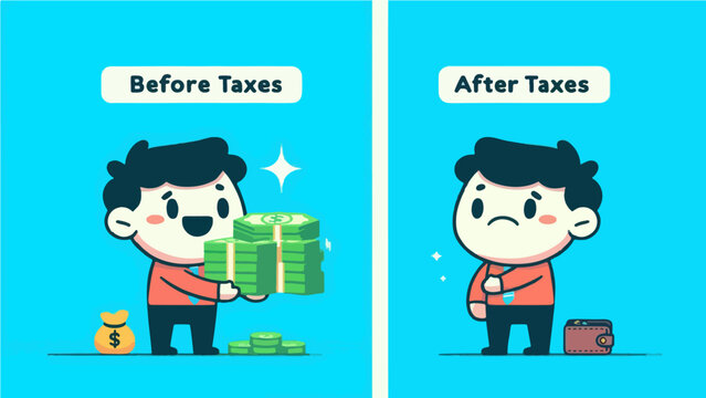 Comparison between gross and net income showing a businessman happy with a pile of money before taxes and sad with an empty wallet after taxes