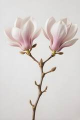Obraz premium Soft pink magnolia blossoms on branch isolated on light neutral background