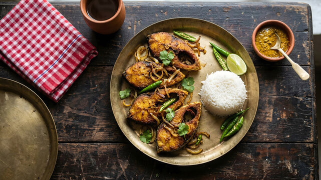 Crispy Fried Hilsa Fish with Green Chili and Onions on Rustic Wooden Background