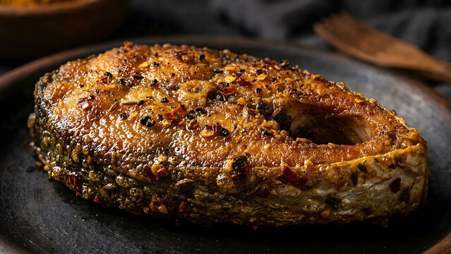Crispy Fried Hilsa Fish Macro Texture - Spicy Ilish Bhaja with Mustard Oil and Spices on Dark Background