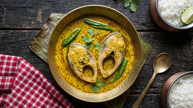 Traditional Bengali Shorshe Ilish - Hilsa Fish in Rich Spicy Mustard Gravy in a Rustic Bowl
