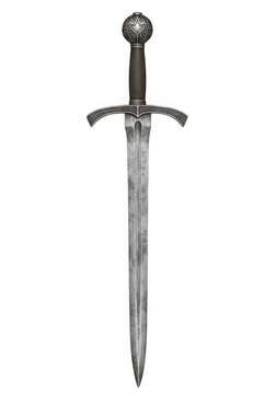 Antique double-edged medieval sword with ornate pommel and crossguard
