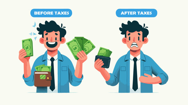 Cartoon illustration of a man comparing his income before and after taxes, showing a happy expression with lots of money versus a sad expression with a nearly empty wallet