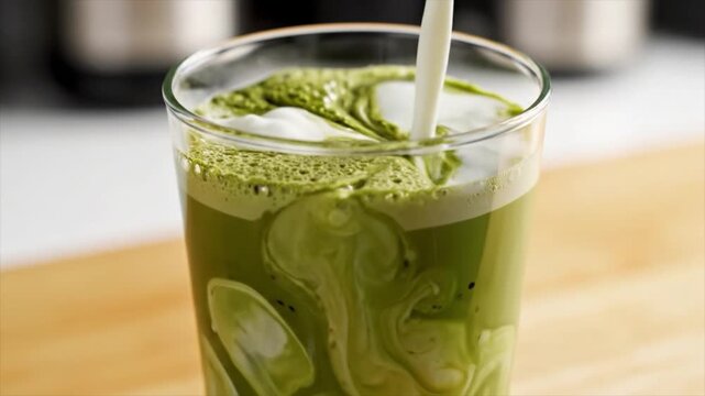 A refreshing glass of green matcha latte with ice cubes being poured on a wooden table indoors.