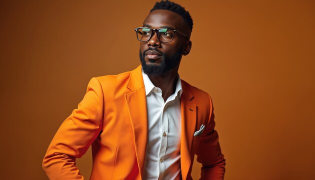 Stylish African American man wearing orange suit and glasses. Confident person posing indoors. Modern fashion portrait with brown background. Professional male look.