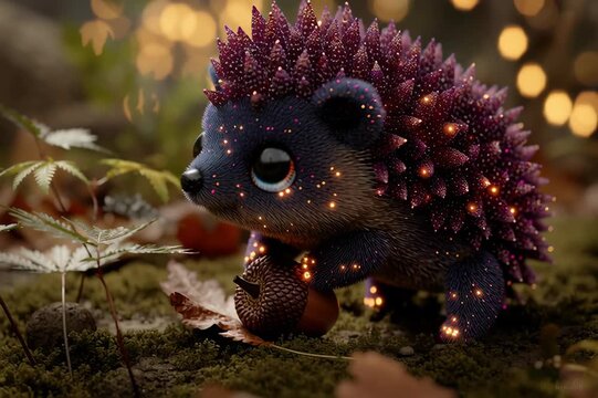 Un erizo m&aacute;gico iluminado por estrellas se sienta entre hojas oto&ntilde;ales.