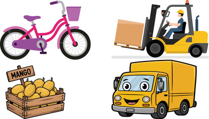 Transportation and Delivery Illustration Set with Bicycle Forklift Truck and Mango Crate for Logistics Shipping and Fresh Produce Distribution Isolated on White Background © Shilpi