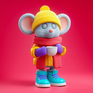 Un adorable rat&oacute;n animado disfruta de una bebida caliente en un d&iacute;a fr&iacute;o.