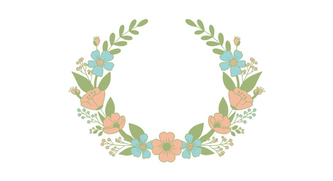 Floral wreath in pastel colors, featuring blossoms, leaves, and berries, arranged in a half-circle on white