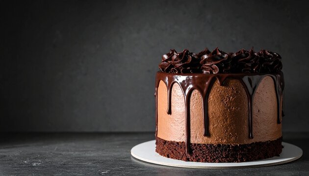 Delicious chocolate cake with rich frosting and chocolate glaze on a plate