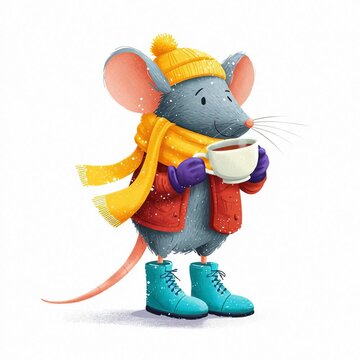 Un adorable rat&oacute;n con ropa de invierno disfruta de una bebida caliente.