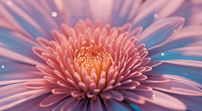 Una fotograf&iacute;a macro de una flor con p&eacute;talos en tonos pastel de rosa y azul, con un centro amarillo brillante.