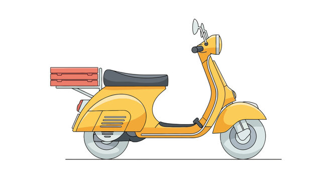 A yellow scooter with a pizza box in the back, a round headlight, and side mirror