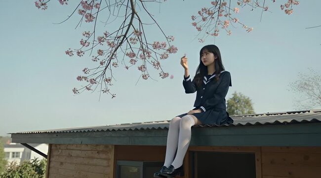 Una joven estudiante sentada en el borde de un tejado, con un aire de ensue&ntilde;o y melancol&iacute;a.