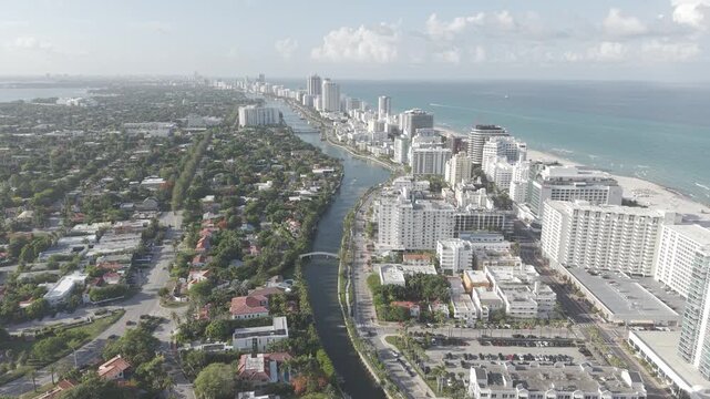 Drone Shot of Miami Beach Florida USA, La Gorce Island, Indian Creek and Beachfront Oceanfront Buildings