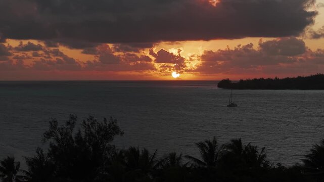 Sunset Over Bora Bora Island Lagoon and South Pacific Ocean Horizon, French Polynesia