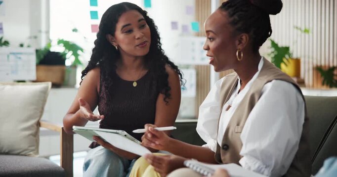 Paperwork, speaking or happy people with tablet in meeting, web analytics or plan for site traffic growth, Review stats, ranking data or staff talk with proposal for seo visibility, teamwork or tech