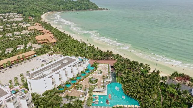 Phu Quoc Island, Vietnam. Drone Shot of Khem Beach and Premier Residences New World Buildings Complex