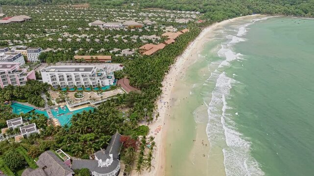 Drone Shot of Phu Quoc Island, Vietnam. Khem Beach and Premier Residences on Sunny Day