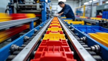 Obraz premium Factory conveyor belt with worker