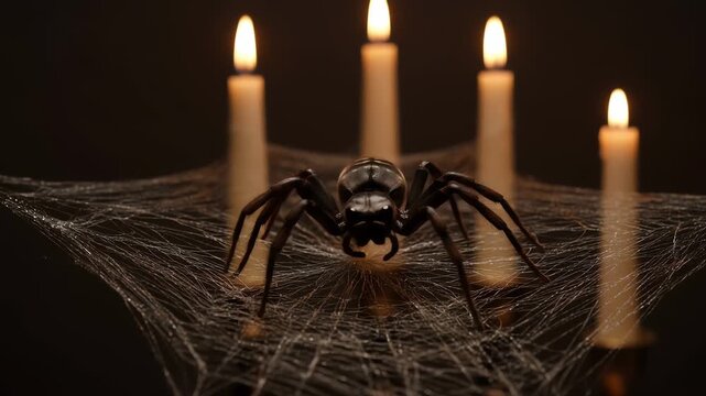 Large Black Spider on Web with Burning Candles