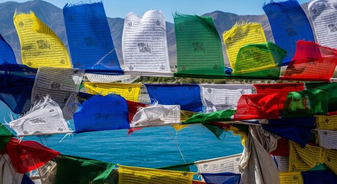 Sindhu Darshan Festival, Vibrant multi-colored Tibetan prayer flags fluttering intensely in the wind against a backdrop of the deep blue Sindhu River and arid desert mountains