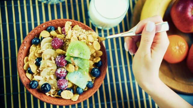 Healthy Breakfast With Cornflakes And Fresh Fruits. Organic Vegetarian Food