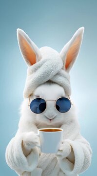 Un conejo antropom&oacute;rfico con bata y gafas de sol disfruta de una taza de caf&eacute;.