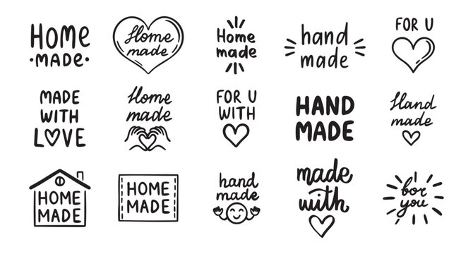 vintage old style hand made and made with love labels writings set. Hand drawn doodle outline drawing hand made line clipart symbol