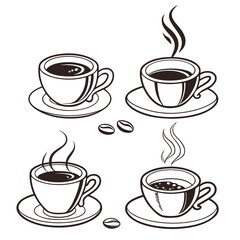 Obraz premium Coffee cups and steaming hot beverages with coffee beans line art graphic